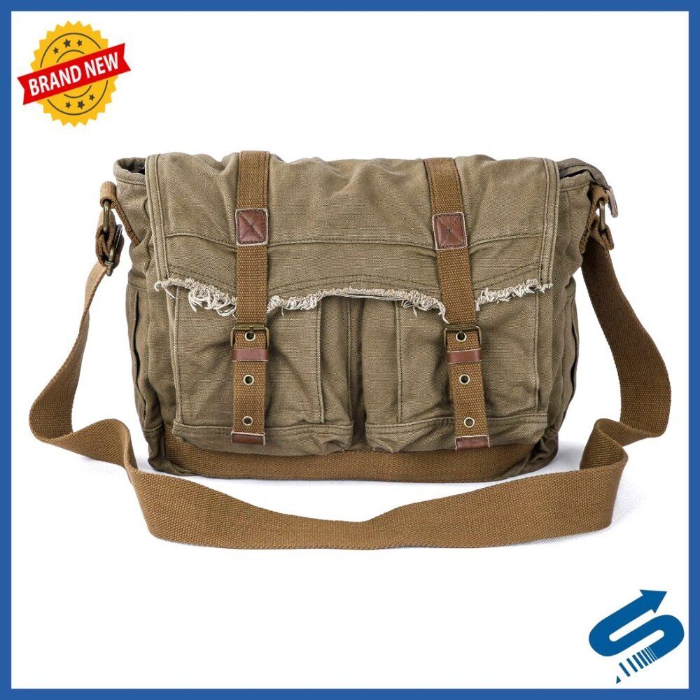 Vintage Canvas Messenger Bag Boho Frayed Leather Trim Adjustable Shoulder Strap